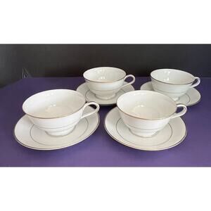 Vintage Noritake Dawn #5930 (4) Cup & Saucer Sets White w/ Gold Trim (b)